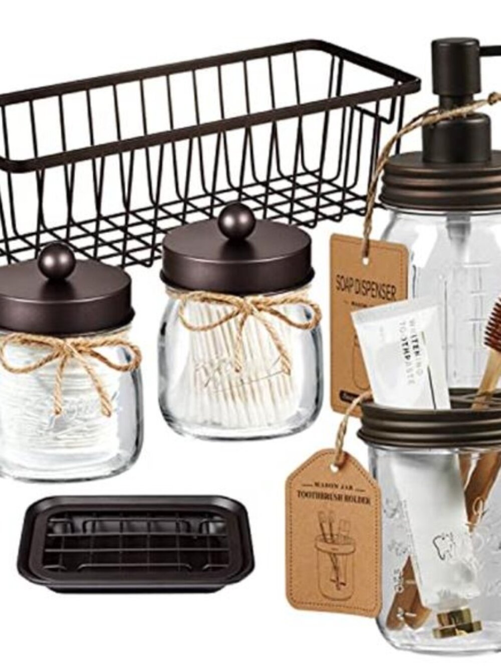 Mason Jar Bathroom Accessories Set Rustic Farmhouse Soap Dispenser Organizer